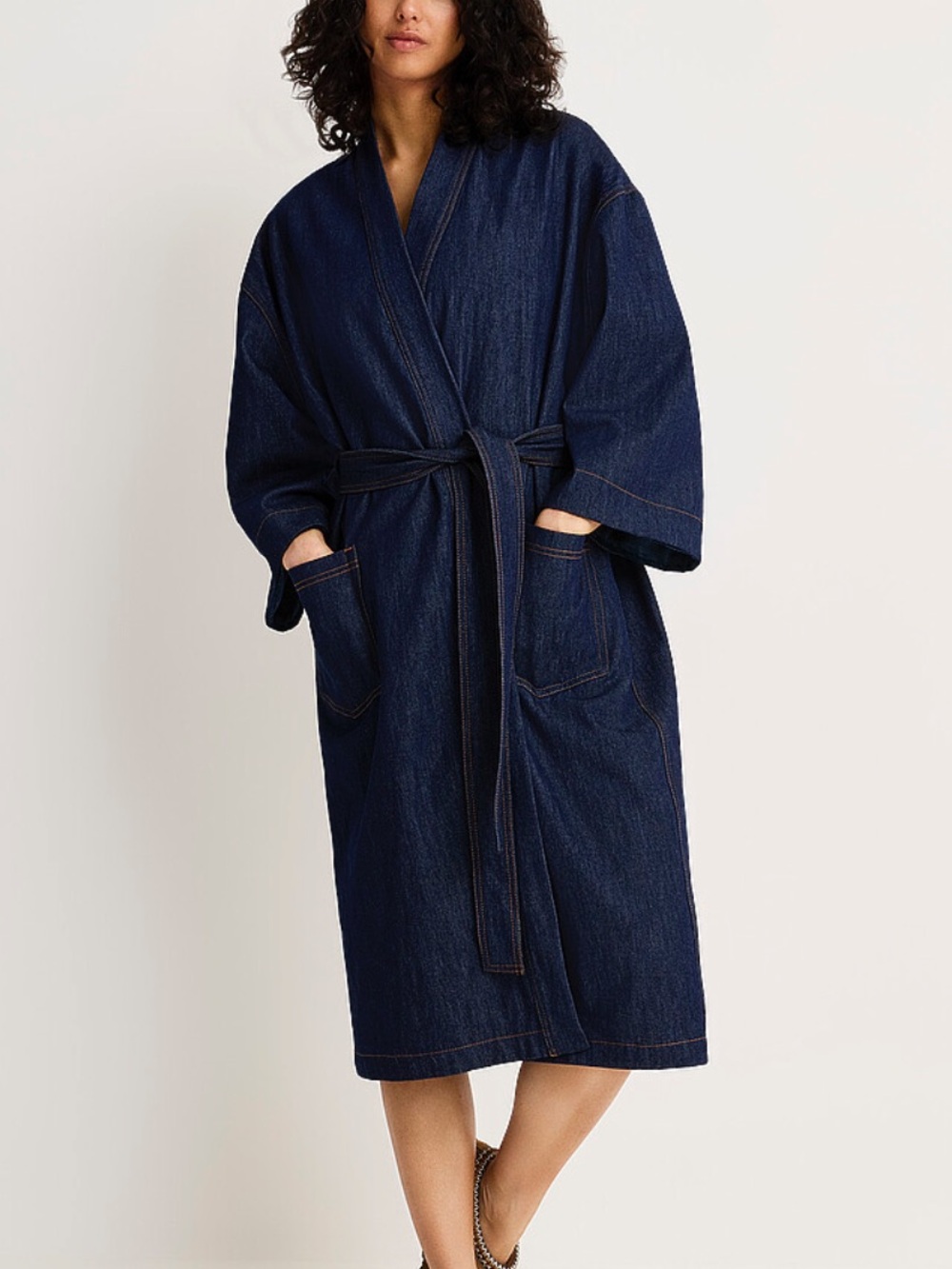 Miiyu denim home bath robe with pockets and fleece lining